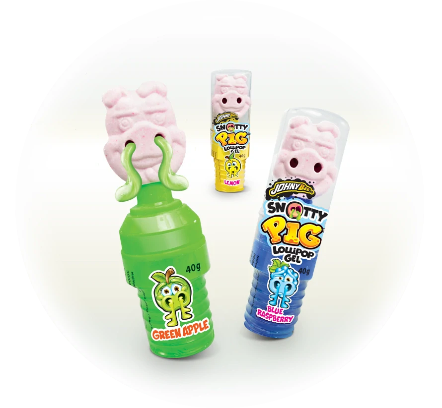 JohnyBee Snotty Pig komprimátové lízátko s cukrovým gelem 40g